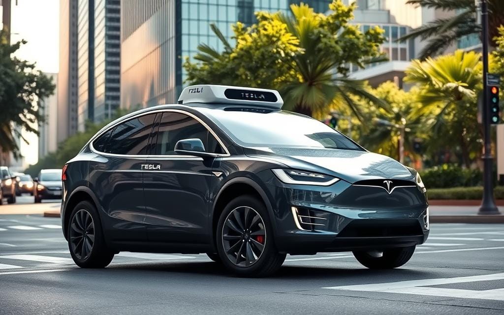 A Tesla Model X electric vehicle, sleek and autonomous, gliding effortlessly down a bustling urban street. The car's futuristic design and smooth, aerodynamic curves hint at its advanced self-driving capabilities. Bright LED headlights and a seamless integration of sensors and cameras give the vehicle an intelligent, almost sentient presence. Against a backdrop of gleaming skyscrapers and lush greenery, the Tesla Autonomous Electric Taxi exudes a sense of technological prowess and environmental sustainability, embodying the promise of a new era in transportation.