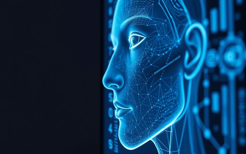 A close-up view of advanced facial recognition technology, featuring a high-resolution facial scan displayed on a sleek, futuristic-looking computer screen. The scan showcases intricate facial features, pores, and subtle details, illuminated by cool, blue-tinted lighting that creates a sense of precision and technological sophistication. The background is a minimalist, dark grey or black tone, placing the focus entirely on the captivating facial recognition display. The overall atmosphere conveys the power and precision of this cutting-edge biometric identification system.