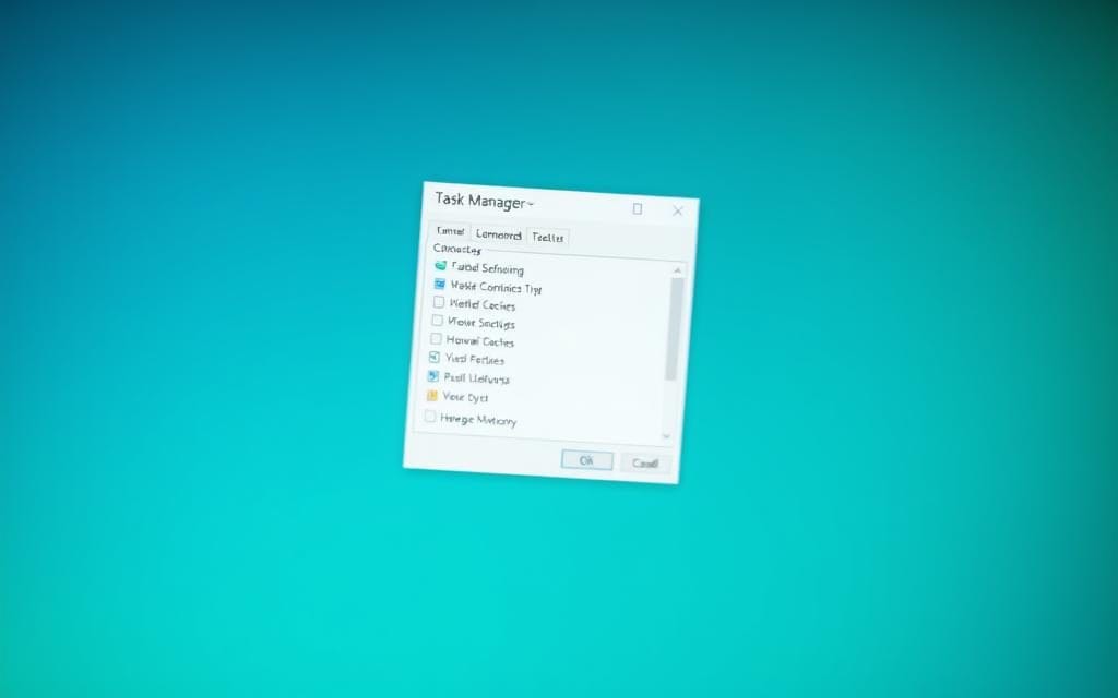 A detailed close-up of the microsoft Windows Task Manager application running on a desktop computer screen. The application window is centered in the frame, showcasing a clean and organized interface with various tabs and sections. The background is slightly blurred, adding focus to the foreground. The lighting is natural and diffused, creating a soft, professional atmosphere. The angle is slightly elevated, giving a sense of authority and importance to the Task Manager application. The overall mood is one of functionality, control, and troubleshooting.