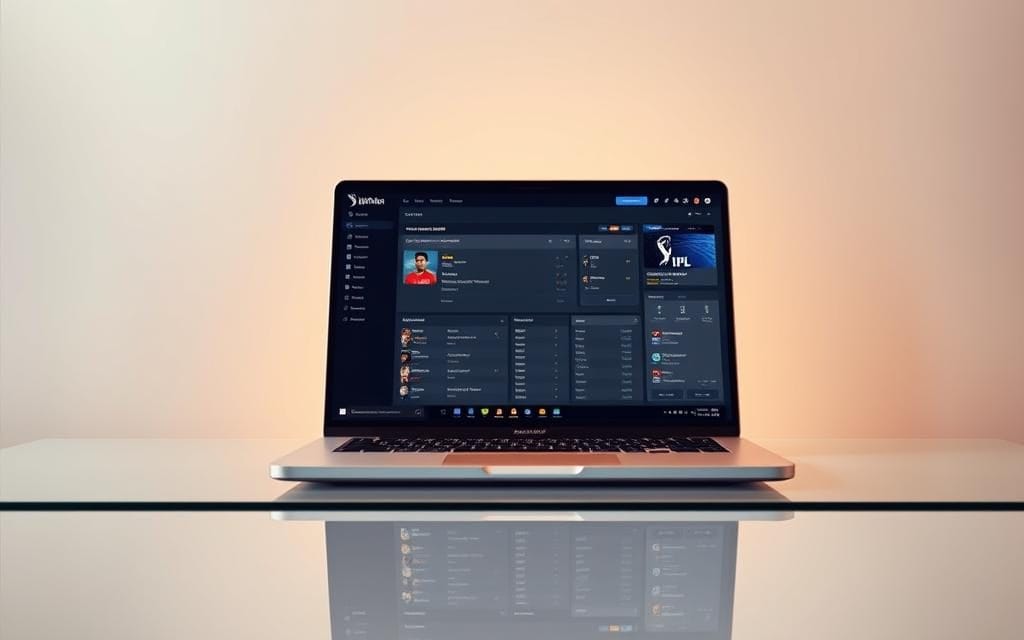 A detailed, high-resolution image of an IPL cricket software application displayed on a sleek, modern laptop computer. The laptop is placed on a minimalist, glass-topped desk, with a neutral-toned background that creates a clean, professional atmosphere. The software interface features a live scoreboard, team statistics, and player profiles, all rendered in a crisp, intuitive design. Warm, diffused lighting from overhead casts a subtle glow, highlighting the laptop's premium aluminum chassis. The composition emphasizes the software's functionality and the device's premium aesthetic, conveying the idea of a dedicated, high-quality tool for following the IPL cricket action.