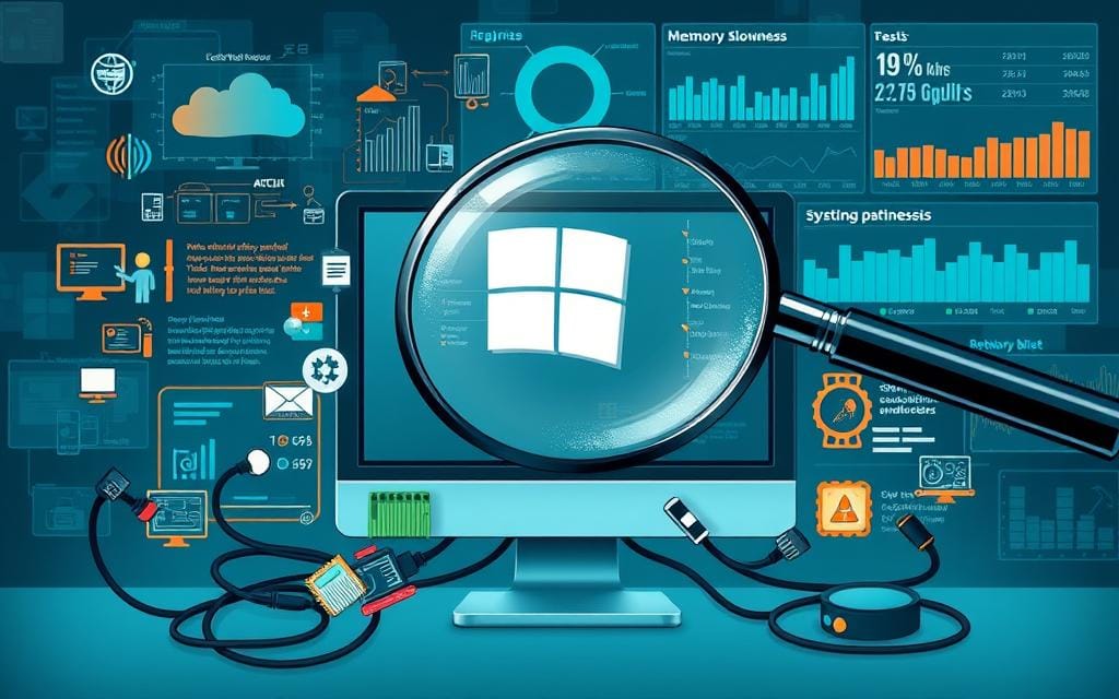 A detailed, technical illustration showcasing the various causes of Windows slowness. In the foreground, a microsoft Windows desktop computer surrounded by a swirl of active processes, running applications, and resource-intensive tasks. In the middle ground, a magnifying glass inspecting system memory usage, disk fragmentation, and registry bloat. In the background, a data visualization dashboard highlighting CPU, GPU, and network utilization metrics. The scene is bathed in a cool, clinical lighting, conveying a sense of analytical scrutiny. The overall mood is one of problem-solving, with the viewer invited to delve into the technical complexities underlying Windows performance issues.