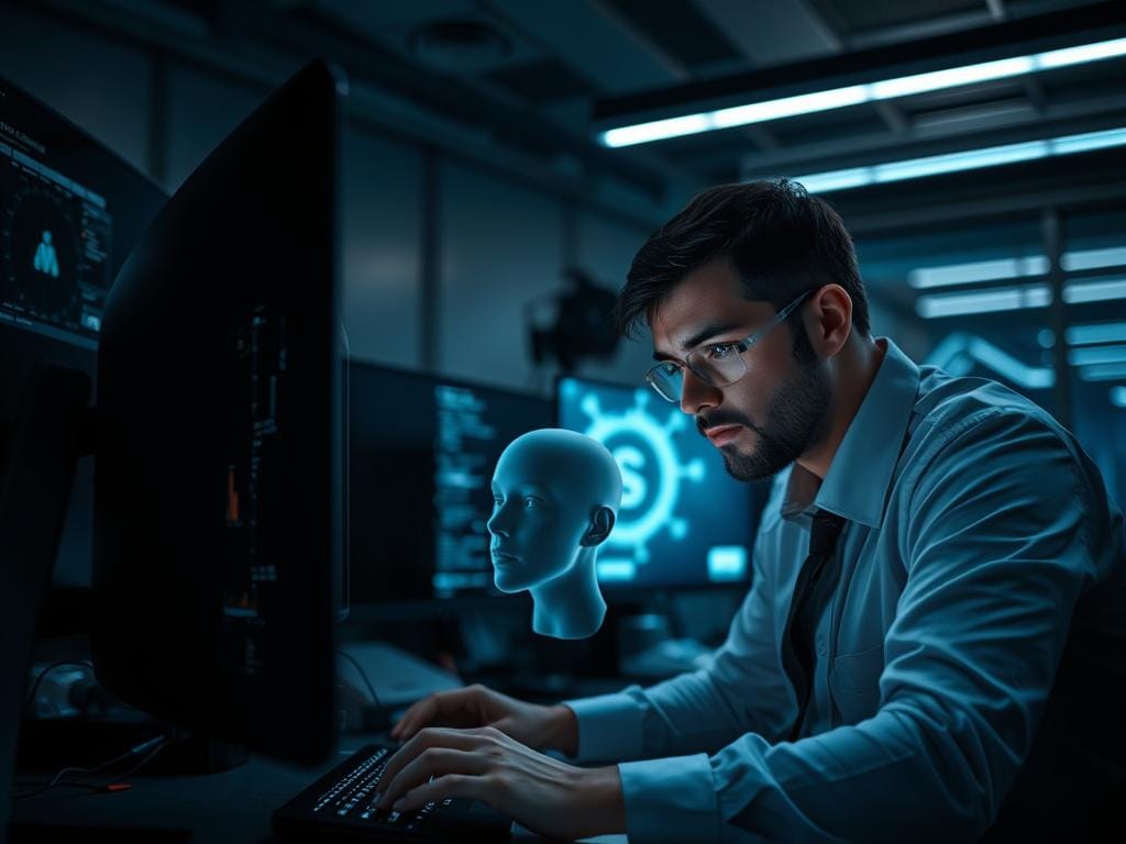 A dimly lit office space, where a Snapcee Digital analyst meticulously examines a computer screen. The foreground showcases an array of visual cues and data analytics tools, hinting at the intricate process of deepfake detection. In the middle ground, a 3D model of a human face rotates, as the analyst scrutinizes it for anomalies. The background features a sleek, high-tech environment, with monitors and digital displays casting a futuristic glow. The scene conveys a sense of focused intensity, as the Snapcee Digital team works to uncover the truth behind suspected deepfake content. A dimly lit office space, where a Snapcee Digital analyst meticulously examines a computer screen. The foreground showcases an array of visual cues and data analytics tools, hinting at the intricate process of deepfake detection. In the middle ground, a 3D model of a human face rotates, as the analyst scrutinizes it for anomalies. The background features a sleek, high-tech environment, with monitors and digital displays casting a futuristic glow. The scene conveys a sense of focused intensity, as the Snapcee Digital team works to uncover the truth behind suspected deepfake content.