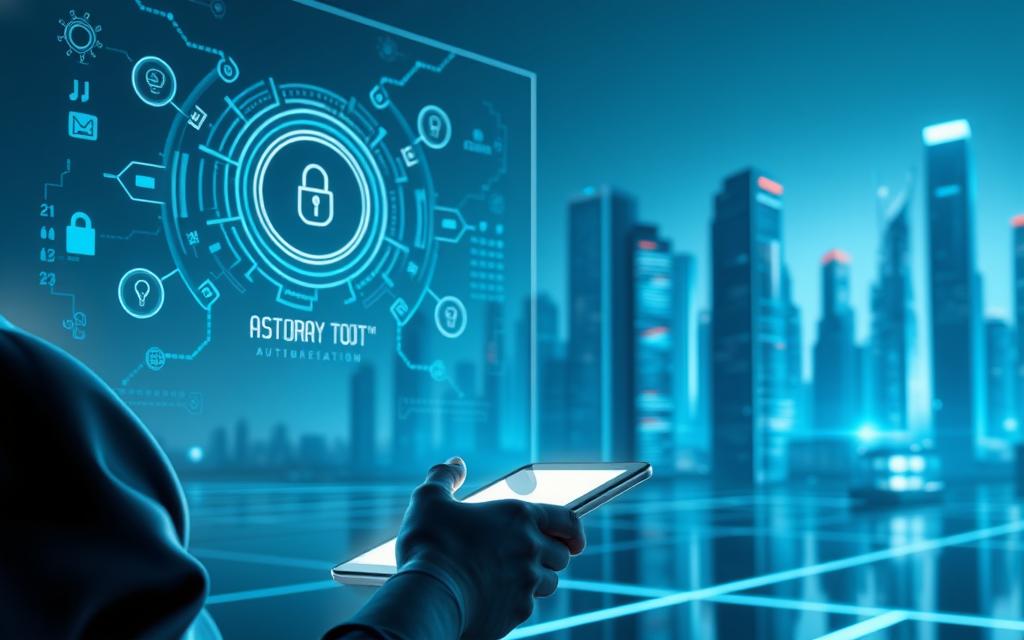 A futuristic 3D scene depicting the "ChatGPT authentication process". In the foreground, a user interacts with a sleek, minimalist interface, their face illuminated by a soft glow as they authorize the "Sign in with ChatGPT" feature on their device. The middle ground features intricate, holographic data visualizations and security protocols, while the background showcases a cityscape of towering, high-tech buildings bathed in a cool, blue-tinted lighting. The scene conveys a sense of advanced technology, security, and seamless integration, reflecting the sophisticated nature of the "Sign in with ChatGPT" feature.