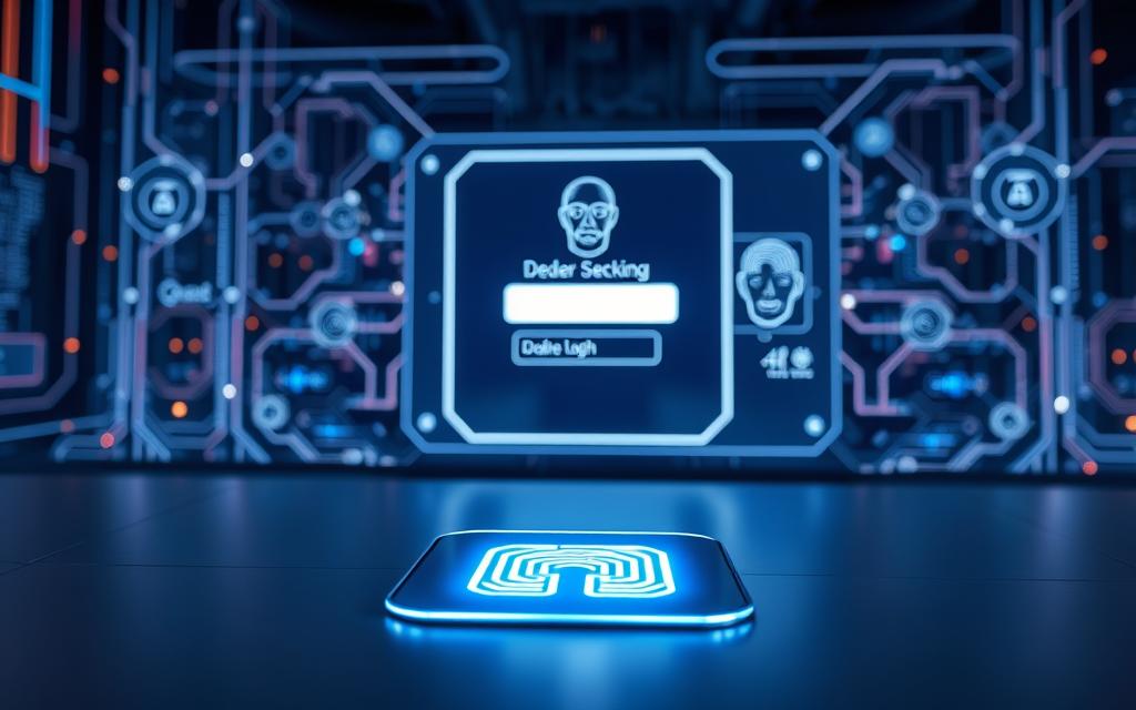 A futuristic digital authentication interface with a minimalist, high-tech aesthetic. In the foreground, a sleek biometric scanning pad glows with a soft blue light, hinting at the seamless integration of AI-powered authentication. The middle ground features a transparent display panel, showcasing a secure login process with facial recognition and two-factor authentication. In the background, a network of glowing circuits and data visualizations suggests the underlying infrastructure powering this advanced system. The scene is bathed in a cool, neon-tinged lighting, creating a sense of technological sophistication and cutting-edge innovation.