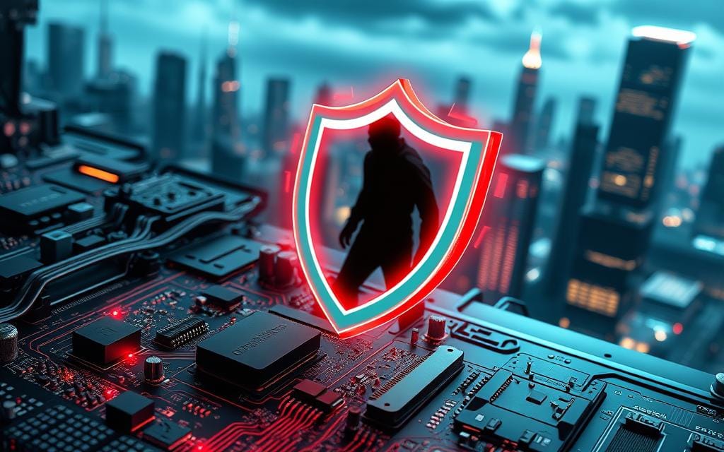 A meticulously detailed digital illustration showcasing the effectiveness of antivirus software. In the foreground, a complex circuit board with intricate microchips and wiring, representing the inner workings of a computer system. Overlaying this, a vibrant, neon-tinged antivirus shield radiates an aura of protection, its luminous edges pulsing with energy. In the middle ground, a shadowy figure, representing a cyber threat, is repelled by the shield's powerful defenses. The background depicts a sleek, futuristic cityscape, bathed in a cool, metallic color palette, conveying a sense of technological sophistication. Dramatic lighting casts dramatic shadows, heightening the sense of drama and intensity. The overall composition communicates the robust, reliable, and cutting-edge nature of effective antivirus software.