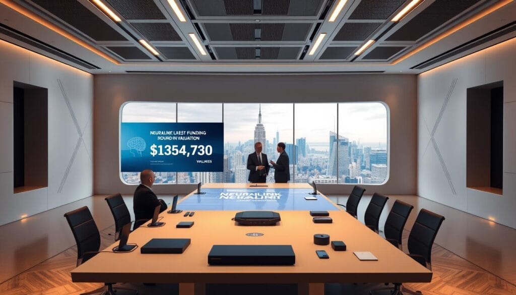 A modern, futuristic office interior with sleek, minimalist design. In the foreground, a table with various tech devices and a large, high-resolution display showcasing Neuralink's latest funding round and valuation. Executives in business attire are gathered around the table, engaged in a serious discussion. The middle ground features a large, floor-to-ceiling window overlooking a vibrant city skyline, bathed in warm, directional lighting. The background is a clean, white wall with subtle, high-tech patterns and accents, creating a sense of technological innovation and progress. The overall atmosphere is one of confidence, determination, and the excitement of a major milestone in Neuralink's growth.