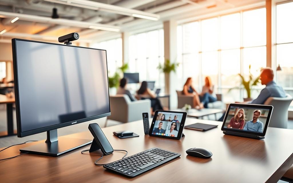 A modern, well-lit office interior with a focus on business communication solutions. In the foreground, a sleek, minimalist desk with a high-resolution display, wireless keyboard and mouse, and a professional-grade webcam. On the desk, various communication devices like a cordless desk phone and a tablet with a video conferencing app open. The middle ground features comfortable seating arrangements, with team members engaged in lively discussions. The background showcases floor-to-ceiling windows, allowing natural light to flood the space and create a warm, productive atmosphere. The lighting is a combination of ambient and task-oriented, highlighting the technological capabilities and collaborative nature of the workspace. An air of efficiency, connectivity, and professionalism permeates the scene. A modern, well-lit office interior with a focus on business communication solutions. In the foreground, a sleek, minimalist desk with a high-resolution display, wireless keyboard and mouse, and a professional-grade webcam. On the desk, various communication devices like a cordless desk phone and a tablet with a video conferencing app open. The middle ground features comfortable seating arrangements, with team members engaged in lively discussions. The background showcases floor-to-ceiling windows, allowing natural light to flood the space and create a warm, productive atmosphere. The lighting is a combination of ambient and task-oriented, highlighting the technological capabilities and collaborative nature of the workspace. An air of efficiency, connectivity, and professionalism permeates the scene.