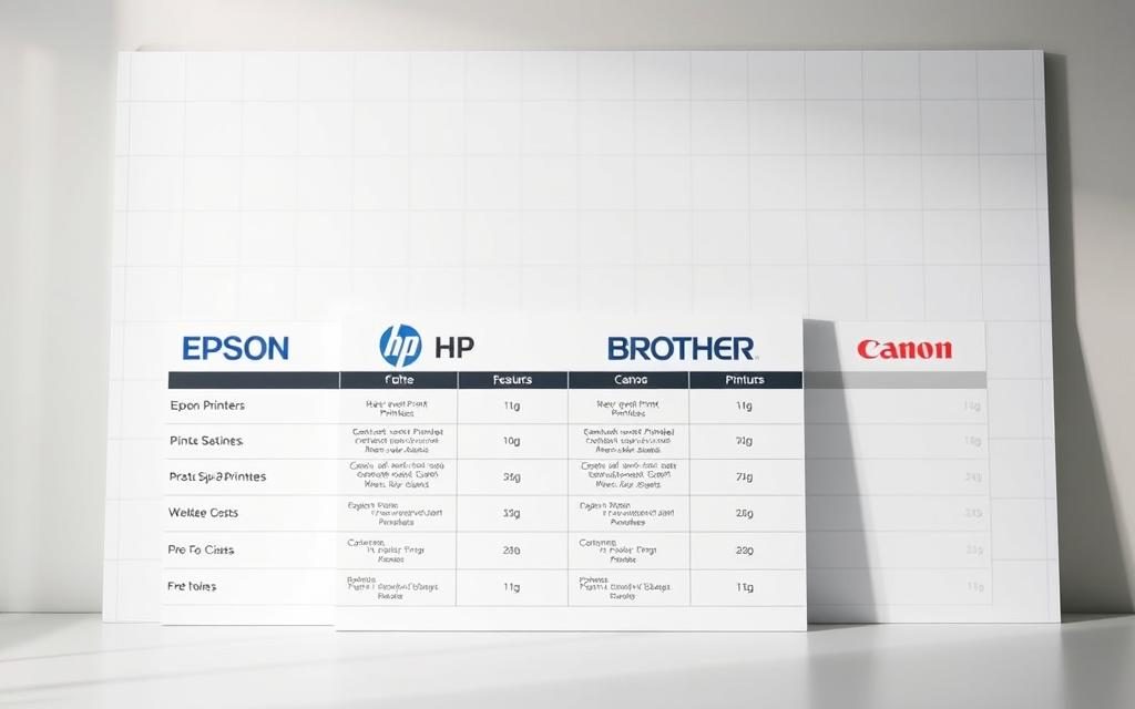 A neatly organized comparison chart depicting the cost breakdown of four leading printer brands - EPSON, HP, BROTHER, and CANON. The chart is set against a clean, minimalist background with subtle grid lines, allowing the data to take center stage. The prices, features, and key specifications are presented in a clear, easy-to-digest format, highlighting the unique value proposition of each brand. The lighting is soft and diffused, creating a professional, authoritative atmosphere. The camera angle is slightly elevated, giving the viewer a comprehensive overview of the information. The overall composition and color palette convey a sense of efficiency, reliability, and attention to detail - qualities that reflect the essence of a high-performing printer.