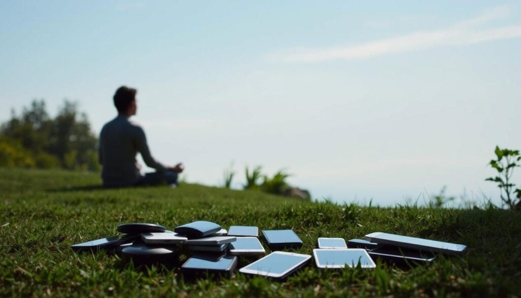 A serene outdoor scene, a person sitting cross-legged on a grassy hill, surrounded by lush greenery and a clear blue sky. The figure is silhouetted, suggesting a sense of introspection and focus. In the foreground, an array of digital devices lie discarded, symbolizing the individual's "digital detox" journey. Soft, diffused lighting casts a calming ambiance, while the composition conveys a sense of tranquility and separation from the distractions of the digital world.