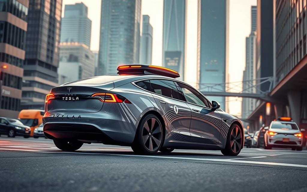 A sleek, futuristic Tesla robotaxi glides effortlessly through a bustling urban landscape. The autonomous vehicle's streamlined body is illuminated by a soft, warm glow, hinting at its advanced sensor suite and AI-powered driving capabilities. In the foreground, intricate details of the robotaxi's exterior come into focus, showcasing the company's commitment to design and technology. The middle ground features a cityscape of towering skyscrapers and gleaming infrastructure, reflecting the integration of Tesla's autonomous technology into the fabric of the modern metropolis. The background is bathed in a soft, diffused light, creating a sense of calm and tranquility amidst the technological prowess on display.