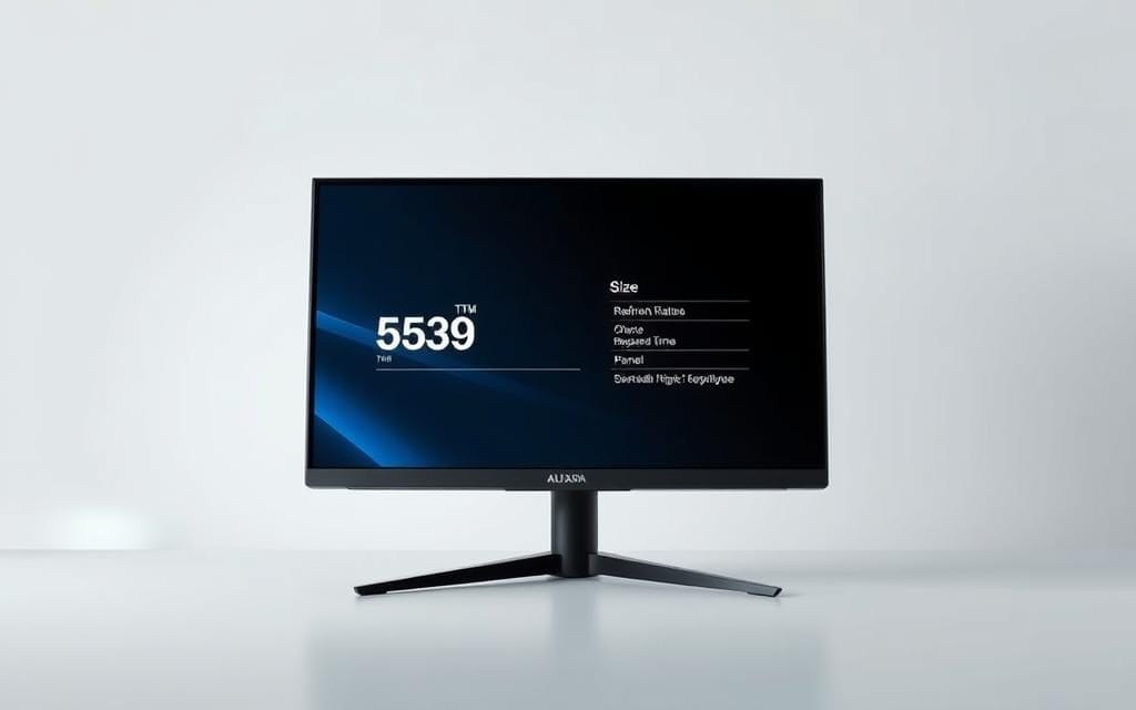 A sleek, high-resolution gaming monitor against a minimalist backdrop. The screen displays a detailed image of its key specifications - screen size, refresh rate, response time, and panel type. The monitor's slim, angular design evokes a sense of advanced technology and performance. Carefully positioned lighting highlights the monitor's glossy, metallic accents, creating an elegant and sophisticated atmosphere. The overall composition emphasizes the monitor's technical capabilities and premium aesthetic, inviting the viewer to appreciate its role in delivering an immersive gaming experience. A sleek, high-resolution gaming monitor against a minimalist backdrop. The screen displays a detailed image of its key specifications - screen size, refresh rate, response time, and panel type. The monitor's slim, angular design evokes a sense of advanced technology and performance. Carefully positioned lighting highlights the monitor's glossy, metallic accents, creating an elegant and sophisticated atmosphere. The overall composition emphasizes the monitor's technical capabilities and premium aesthetic, inviting the viewer to appreciate its role in delivering an immersive gaming experience.