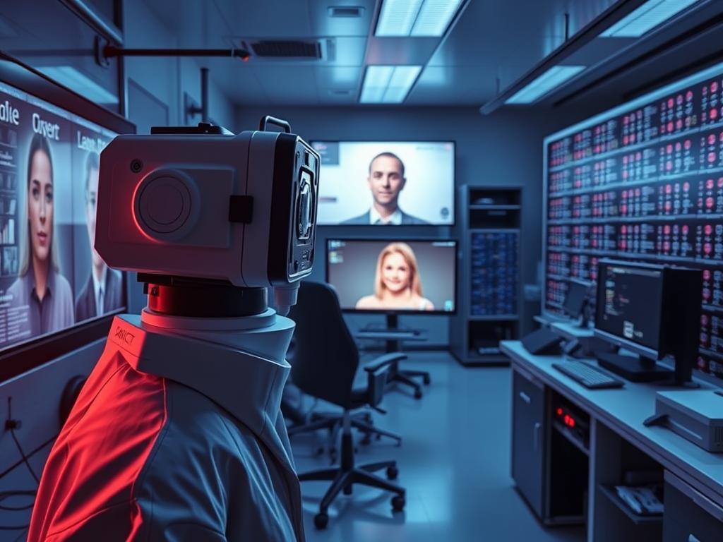 A sophisticated digital forensics laboratory, bathed in a cool, clinical glow. In the foreground, a state-of-the-art Snapcee Digital facial recognition system analyzes a video feed, searching for subtle signs of digital manipulation. The middle ground showcases an array of cutting-edge tools and displays, each providing real-time data on the deepfake detection process. In the background, a vast database of known deepfake samples stands ready to be cross-referenced, ensuring the most accurate and reliable results. The scene conveys a sense of diligence, professionalism, and the relentless pursuit of technological truth. A sophisticated digital forensics laboratory, bathed in a cool, clinical glow. In the foreground, a state-of-the-art Snapcee Digital facial recognition system analyzes a video feed, searching for subtle signs of digital manipulation. The middle ground showcases an array of cutting-edge tools and displays, each providing real-time data on the deepfake detection process. In the background, a vast database of known deepfake samples stands ready to be cross-referenced, ensuring the most accurate and reliable results. The scene conveys a sense of diligence, professionalism, and the relentless pursuit of technological truth.