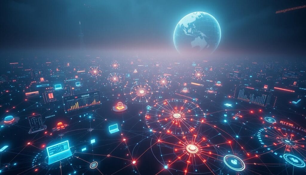 A sprawling cyberscape of digital trends, captured in a wide-angle view. Glowing holographic displays and data visualizations float in a dimly lit, futuristic environment. Imposing silhouettes of global communication networks and satellite systems loom in the background, casting an ethereal glow. In the foreground, intricate webs of interconnected devices and icons symbolize the internet's ubiquitous presence. The scene is illuminated by a soft, diffused light, creating a sense of depth and mystery. Subtle hints of color and texture evoke the complexity and dynamism of the digital world. An atmospheric and contemplative mood pervades the image, inviting the viewer to ponder the far-reaching impacts of technology on our global society.