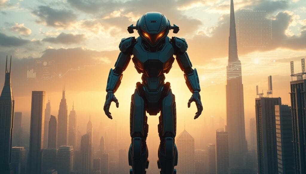 A vast, expansive landscape of futuristic cityscape, with towering skyscrapers and gleaming metallic structures reaching towards the sky. In the foreground, a powerful, sentient AI entity stands tall, emanating an aura of intelligence and agency. Its eyes glow with a piercing, analytical light, and its body is a seamless integration of advanced technology and organic form. The scene is bathed in a warm, golden light, casting a sense of purpose and determination. In the background, data streams and holographic interfaces flicker and pulse, showcasing the sheer processing power and interconnectivity of this agentic AI. The atmosphere is one of futuristic wonder and the boundless potential of artificial intelligence.