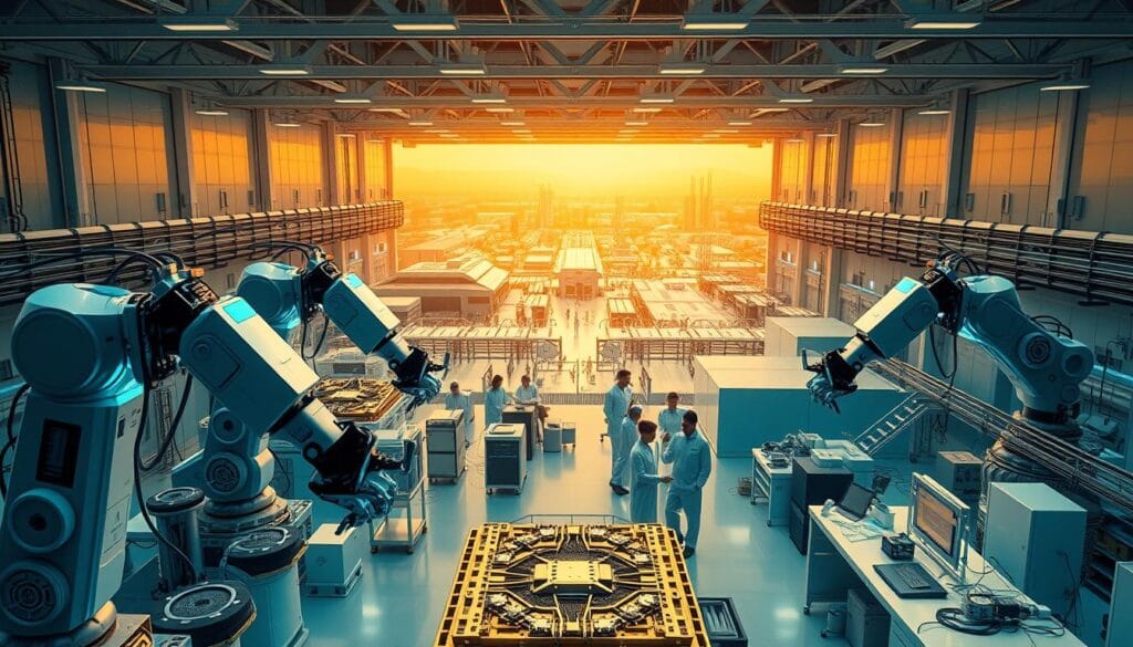A vast, state-of-the-art Neuralink manufacturing facility, bathed in a warm, futuristic glow. In the foreground, gleaming robotic arms meticulously assemble the intricate components of their advanced brain-computer interface technology. The middle ground reveals rows of clean-room workstations, scientists in white coats collaborating on the latest innovations. In the background, a panoramic view of the facility's expansive campus, with sleek, angular buildings and a flurry of activity as the company's footprint grows to meet rising global demand. The overall atmosphere conveys a sense of scientific progress, technological sophistication, and Neuralink's ambitious vision for the future of neural engineering.