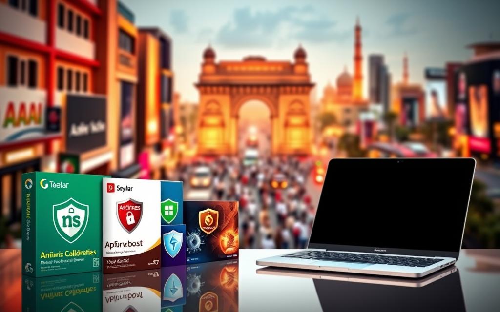 A vibrant and dynamic image showcasing the top-rated antivirus software solutions for Indian users. In the foreground, prominent antivirus software logos and icons are displayed in a clean, organized manner, capturing the user's attention. The middle ground features a sleek, modern laptop or desktop computer, symbolizing the primary devices protected by these security solutions. The background depicts a bustling cityscape of New Delhi, India, with iconic landmarks and a bustling urban environment, highlighting the relevance and popularity of these antivirus programs within the Indian market. The lighting is warm and inviting, creating a sense of trust and reliability in the featured antivirus software. The overall composition is well-balanced, visually appealing, and effectively conveys the subject matter of the "Top-Rated Antivirus Software Solutions for Indian Users."