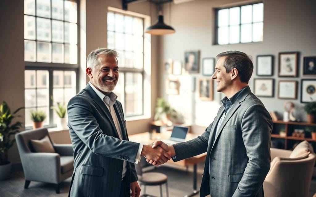 A warm and welcoming business office, bathed in soft natural light streaming through large windows. In the foreground, two business partners shake hands, their faces expressing trust, cooperation, and a shared vision for the future. Behind them, a cozy seating area with plush chairs and a simple yet elegant decor, conveying a sense of professionalism and long-term commitment. The middle ground features a conference table, where documents and laptops suggest ongoing collaboration and strategic planning. In the background, the office is adorned with framed certificates and awards, hinting at the partners' track record of success and reliability. The overall atmosphere exudes an air of stability, enduring partnership, and a commitment to delivering exceptional service to their clients. A warm and welcoming business office, bathed in soft natural light streaming through large windows. In the foreground, two business partners shake hands, their faces expressing trust, cooperation, and a shared vision for the future. Behind them, a cozy seating area with plush chairs and a simple yet elegant decor, conveying a sense of professionalism and long-term commitment. The middle ground features a conference table, where documents and laptops suggest ongoing collaboration and strategic planning. In the background, the office is adorned with framed certificates and awards, hinting at the partners' track record of success and reliability. The overall atmosphere exudes an air of stability, enduring partnership, and a commitment to delivering exceptional service to their clients.