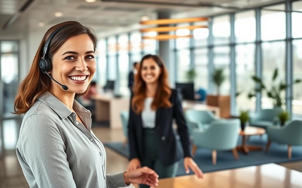 A warm, inviting customer service experience at a modern office. In the foreground, a friendly customer service representative greets a smiling client with a helpful and attentive demeanor. The middle ground features an impeccably designed workspace with sleek, minimalist furniture and accents of calming blue and green hues. The background showcases floor-to-ceiling windows, allowing natural light to flood the space and create a sense of openness and professionalism. The overall mood is one of efficient, personalized care, reflecting Daisy Communications' commitment to seamless communication and customer satisfaction. A warm, inviting customer service experience at a modern office. In the foreground, a friendly customer service representative greets a smiling client with a helpful and attentive demeanor. The middle ground features an impeccably designed workspace with sleek, minimalist furniture and accents of calming blue and green hues. The background showcases floor-to-ceiling windows, allowing natural light to flood the space and create a sense of openness and professionalism. The overall mood is one of efficient, personalized care, reflecting Daisy Communications' commitment to seamless communication and customer satisfaction.