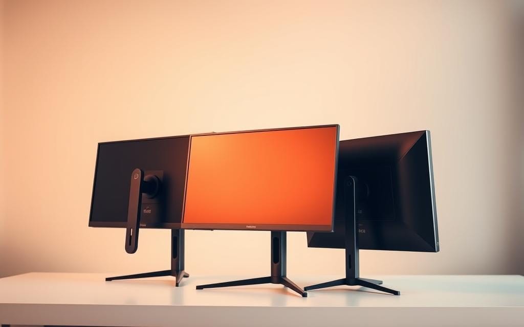 A well-lit, high-resolution image capturing a group of three gaming monitors arranged in a row, showcasing their sleek, modern designs. The monitors are positioned on a clean, minimalist desk, with a soft, diffused lighting creating a warm, inviting atmosphere. The monitors feature thin bezels, vibrant displays, and adjustable stands, highlighting their versatility and suitability for immersive gaming experiences. In the background, a subtle gradient or textured wall adds depth and visual interest, while maintaining the focus on the monitors themselves. The overall composition conveys a sense of thoughtful, considered product presentation, allowing the viewer to compare and contrast the features of each monitor. A well-lit, high-resolution image capturing a group of three gaming monitors arranged in a row, showcasing their sleek, modern designs. The monitors are positioned on a clean, minimalist desk, with a soft, diffused lighting creating a warm, inviting atmosphere. The monitors feature thin bezels, vibrant displays, and adjustable stands, highlighting their versatility and suitability for immersive gaming experiences. In the background, a subtle gradient or textured wall adds depth and visual interest, while maintaining the focus on the monitors themselves. The overall composition conveys a sense of thoughtful, considered product presentation, allowing the viewer to compare and contrast the features of each monitor.