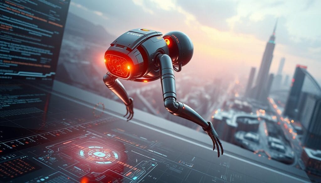 An intelligent AI agent navigates a complex digital landscape, its metallic form glowing with an aura of technological prowess. In the foreground, the agent's sensors gather data, processing information with lightning-fast precision. The middle ground features a grid-like interface, pulsing with lines of code and cascading data visualizations. In the background, a sleek, futuristic cityscape stretches out, its towering skyscrapers and neon-lit streets conveying a sense of advancement and progress. Soft, directional lighting illuminates the scene, casting dramatic shadows and highlights that accentuate the agent's dynamic movements and the intricate details of the environment. The overall mood is one of power, innovation, and the triumphant potential of agentic AI.