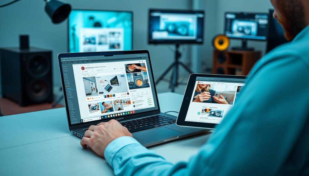 Creative professional using HarmonyOS laptop with tablet for design work Creative professional using HarmonyOS laptop with tablet for design work