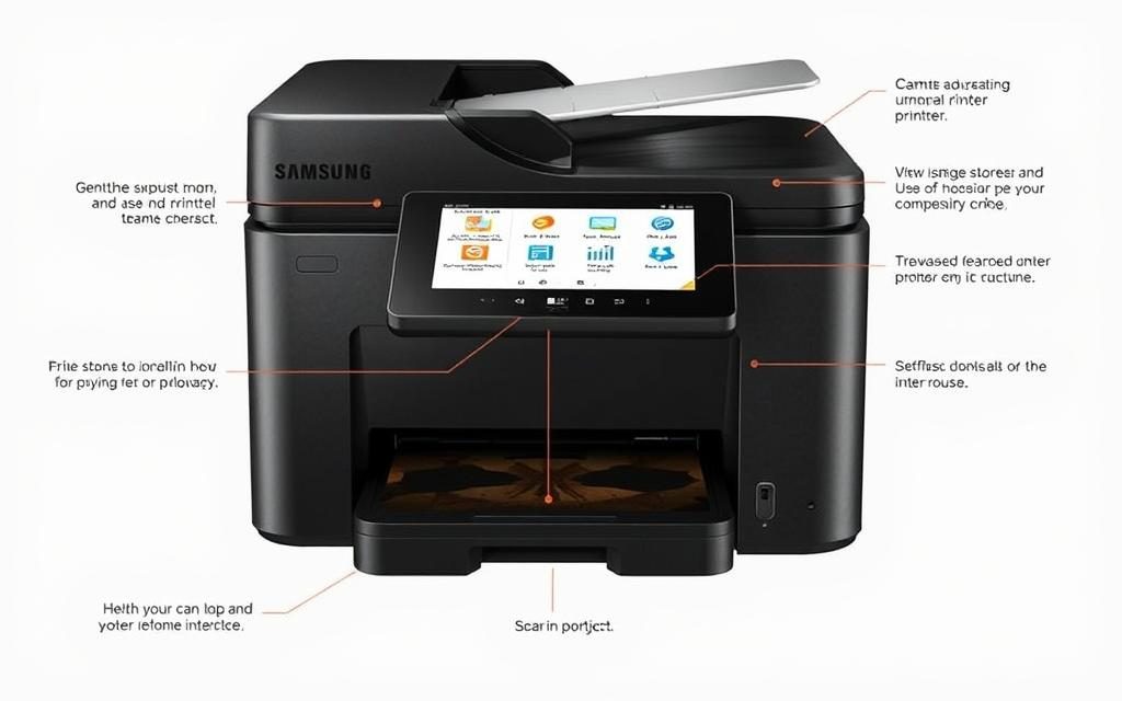 Generate an image of a Samsung printer with a user-friendly interface