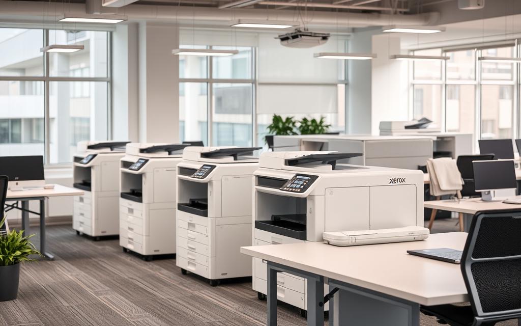 Generate an image of a modern office environment with Xerox printers