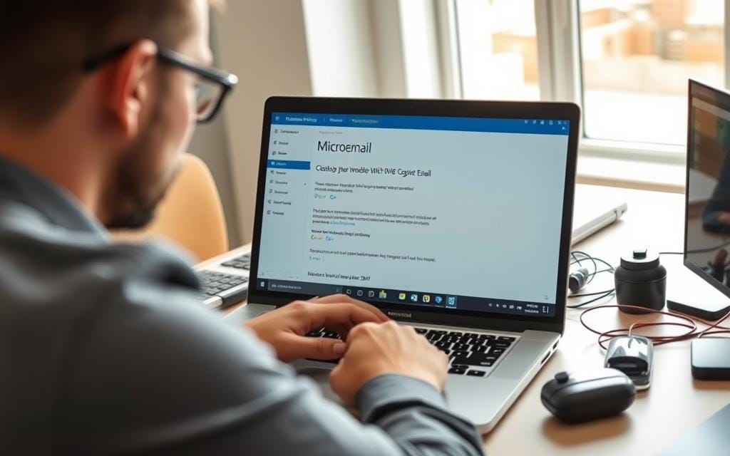Generate an image of a person configuring Microsoft365 email on their computer. Generate an image of a person configuring Microsoft365 email on their computer.