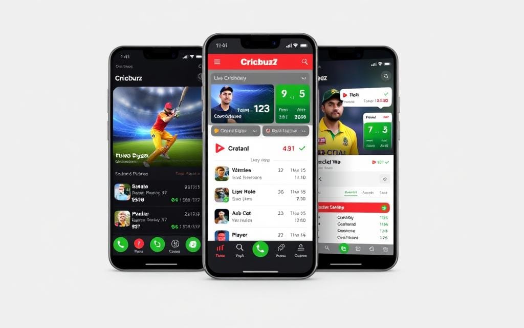 Generate an image of the Cricbuzz app interface showing live scores and player statistics.