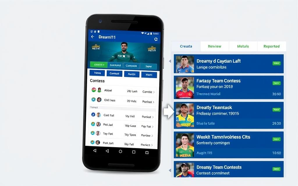 Generate an image of the Dream11 app interface showing fantasy team creation and contest options.