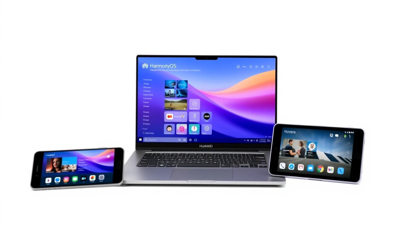 HarmonyOS-powered laptop displaying the main interface with Huawei ecosystem devices