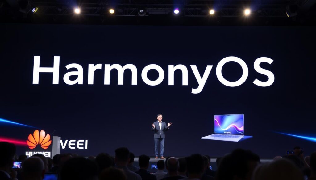 Huawei executive presenting HarmonyOS laptop strategy at a launch event Huawei executive presenting HarmonyOS laptop strategy at a launch event