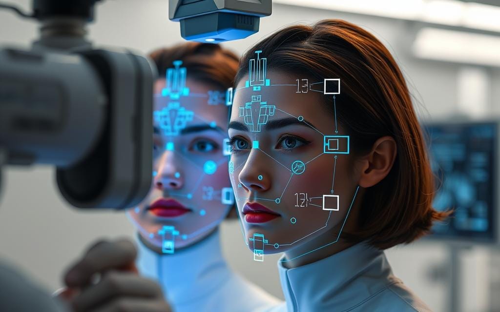 Image of twins being scanned by a face recognition system