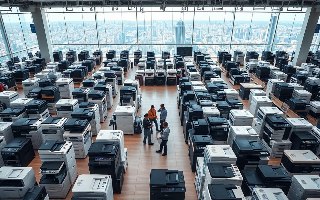 Photorealistic birds-eye view of a bustling printer market in 2025. Rows of sleek, modern printers from top brands like EPSON, HP, BROTHER, and CANON are showcased in a well-lit, spacious showroom. A mix of consumer and professional models in various sizes and colors are neatly arranged, reflecting the diverse needs of home and office users. In the middle ground, sales representatives assist customers, demonstrating the latest features and technologies. The background is filled with a panoramic view of a thriving urban landscape, hinting at the integral role of printers in the modern digital landscape. The scene exudes an atmosphere of innovation, efficiency, and consumer choice, capturing the essence of the evolving printer market in the year 2025.