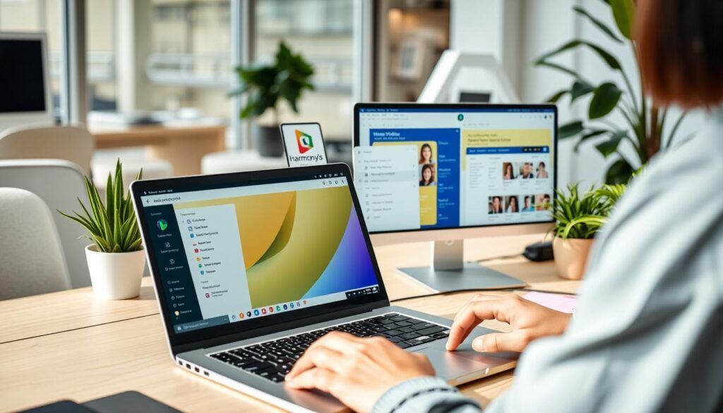 Professional using HarmonyOS laptop for productivity with multiple apps open Professional using HarmonyOS laptop for productivity with multiple apps open