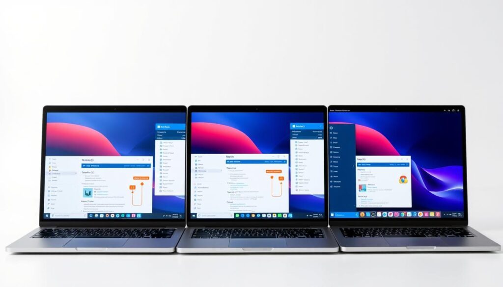 Side-by-side comparison of HarmonyOS, Windows and macOS interfaces on laptops Side-by-side comparison of HarmonyOS, Windows and macOS interfaces on laptops
