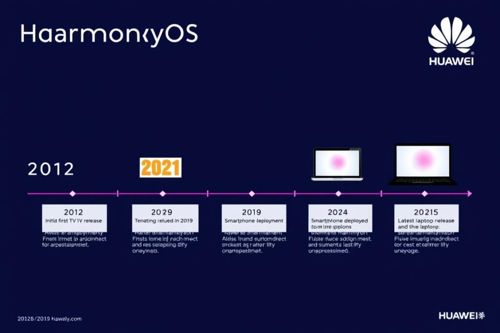 Timeline showing HarmonyOS development from 2012 to present HarmonyOS-powered laptop release Timeline showing HarmonyOS development from 2012 to present HarmonyOS-powered laptop release
