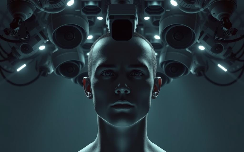 a complex, interconnected system of cameras, sensors, and algorithms that can identify and track individuals based on their unique facial features. the system is illuminated by a series of high-intensity LED lights, casting long, dramatic shadows across the subject's face. the camera lenses are positioned at a slightly upward angle, creating a sense of authority and power. the overall mood is one of technological sophistication and surveillance, with a hint of unease and ethical ambiguity. the background is a muted, monochromatic palette, allowing the facial recognition technology to take center stage.