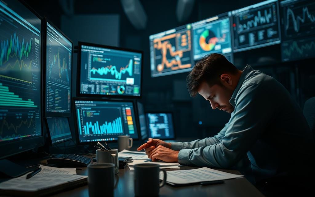 A dimly lit, high-tech research lab with a frustrated data scientist hunched over a complex array of screens and charts, grappling with the intricacies of machine learning algorithms. The background is shrouded in shadows, with muted colors and a sense of tension, emphasizing the challenges and roadblocks encountered in the pursuit of AI and ML mastery. Scattered papers, coffee mugs, and the faint glow of computer monitors create an atmosphere of intense focus and problem-solving. The camera angle is slightly low, conveying the weight of the obstacles faced, while the data scientist's expression reflects the determination to overcome the hurdles of this rapidly evolving field. A dimly lit, high-tech research lab with a frustrated data scientist hunched over a complex array of screens and charts, grappling with the intricacies of machine learning algorithms. The background is shrouded in shadows, with muted colors and a sense of tension, emphasizing the challenges and roadblocks encountered in the pursuit of AI and ML mastery. Scattered papers, coffee mugs, and the faint glow of computer monitors create an atmosphere of intense focus and problem-solving. The camera angle is slightly low, conveying the weight of the obstacles faced, while the data scientist's expression reflects the determination to overcome the hurdles of this rapidly evolving field.