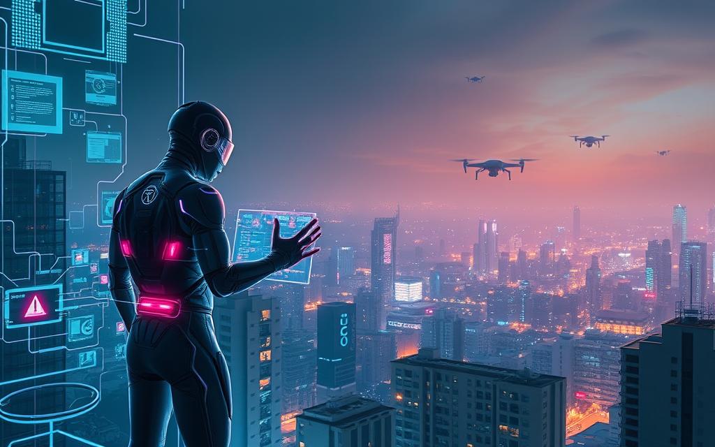 A dystopian cityscape bathed in a cool, neon glow. In the foreground, a lone figure in a sleek, high-tech bodysuit navigates a complex web of holographic displays, their hands dancing across virtual interfaces as they work tirelessly to thwart a looming cyber threat. The middle ground reveals a sprawling urban landscape, its buildings adorned with intricate security systems and defensive measures. In the background, the sky is alive with the flickering lights of drones and satellites, a testament to the ever-evolving landscape of digital warfare. The scene exudes a sense of tension and urgency, capturing the essence of the advanced cybersecurity training required to protect the digital world in the years to come. Cybersecurity Courses