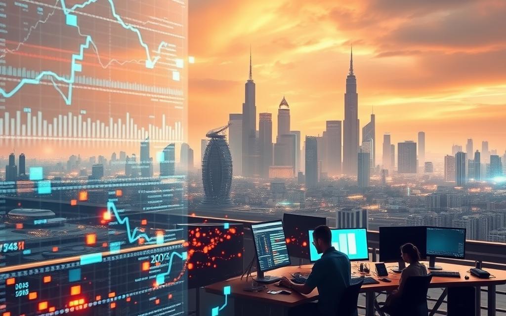 A futuristic data science landscape, illuminated by a warm, diffused light. In the foreground, holographic data visualizations dance and interact, showcasing the latest advancements in interactive analytics. The middle ground features a team of data scientists, their faces lit by the glow of their workstations, immersed in deep learning algorithms and predictive modeling. In the background, a cityscape of towering skyscrapers and autonomous vehicles suggests a bustling, technologically advanced metropolis. The overall atmosphere conveys a sense of innovation, possibility, and the transformative potential of data science in the years to come.