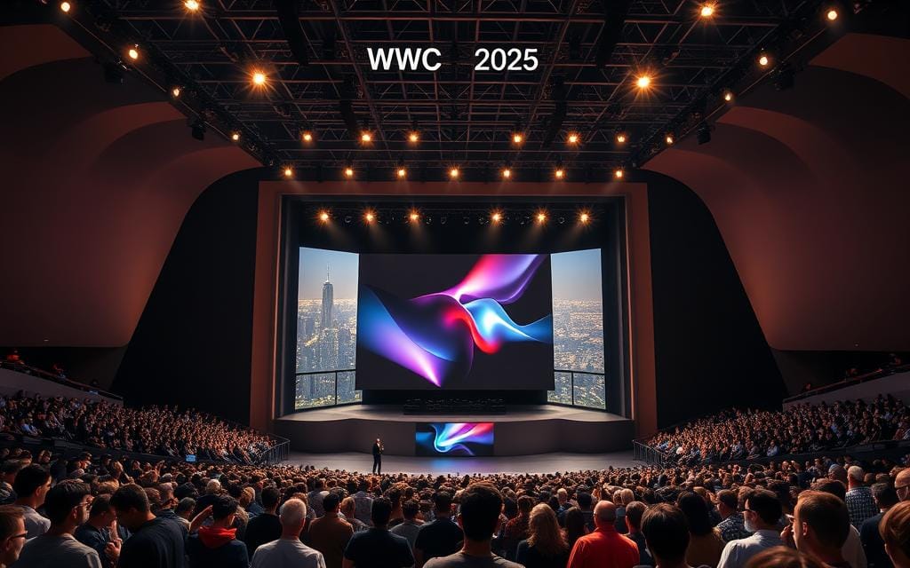 A grand stage illuminated by bright spotlights, casting a warm glow on the sleek, modern architecture of the WWDC 2025 event venue. In the foreground, an audience of tech enthusiasts eagerly awaits the unveiling of Apple's latest innovations, their faces aglow with anticipation. The middle ground features a large, curved screen displaying captivating visuals, hinting at the groundbreaking advancements to be revealed. In the background, a panoramic view of the city skyline, reflecting the global significance of this annual technology showcase. The overall atmosphere is one of excitement, innovation, and a sense of being at the forefront of the digital revolution. A grand stage illuminated by bright spotlights, casting a warm glow on the sleek, modern architecture of the WWDC 2025 event venue. In the foreground, an audience of tech enthusiasts eagerly awaits the unveiling of Apple's latest innovations, their faces aglow with anticipation. The middle ground features a large, curved screen displaying captivating visuals, hinting at the groundbreaking advancements to be revealed. In the background, a panoramic view of the city skyline, reflecting the global significance of this annual technology showcase. The overall atmosphere is one of excitement, innovation, and a sense of being at the forefront of the digital revolution.