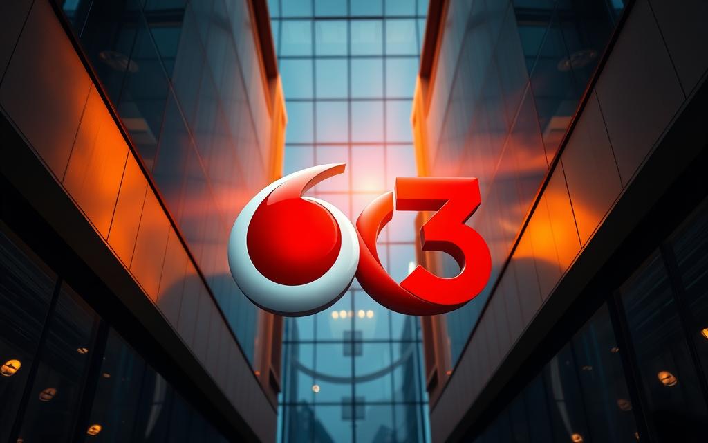 A high-angle view of two iconic telecommunications logos, Vodafone and Three, interlocked in a dynamic embrace, set against a backdrop of sleek, modern architecture. The logos are rendered in bold, vibrant colors that convey a sense of power and collaboration. The scene is illuminated by warm, directional lighting, casting dramatic shadows and highlights that accentuate the merger's symbolism. The overall composition evokes a feeling of progress, unity, and the future of the industry.