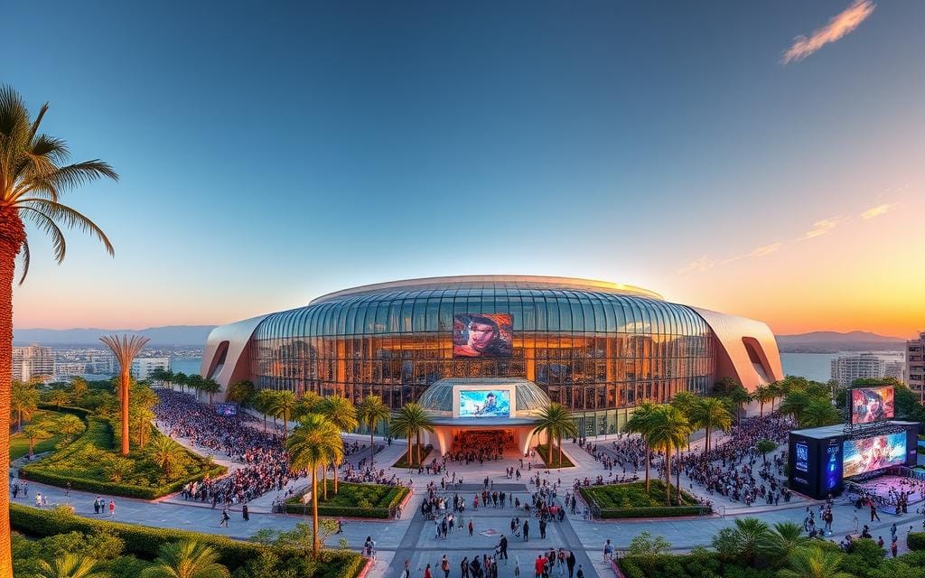 A sprawling, modern convention center nestled in the heart of a bustling metropolitan area. The glass and steel exterior gleams in the warm summer sun, casting a sleek, contemporary silhouette against the skyline. Lush landscaping and towering palm trees frame the entrance, creating a welcoming atmosphere. Inside, the cavernous halls are filled with the energy of excited attendees, eager to discover the latest gaming innovations. Vibrant lighting illuminates interactive displays, while towering screens showcase the most anticipated game trailers. The air is electric with anticipation, as the Summer Games Fest 2025 is about to begin. A sprawling, modern convention center nestled in the heart of a bustling metropolitan area. The glass and steel exterior gleams in the warm summer sun, casting a sleek, contemporary silhouette against the skyline. Lush landscaping and towering palm trees frame the entrance, creating a welcoming atmosphere. Inside, the cavernous halls are filled with the energy of excited attendees, eager to discover the latest gaming innovations. Vibrant lighting illuminates interactive displays, while towering screens showcase the most anticipated game trailers. The air is electric with anticipation, as the Summer Games Fest 2025 is about to begin.