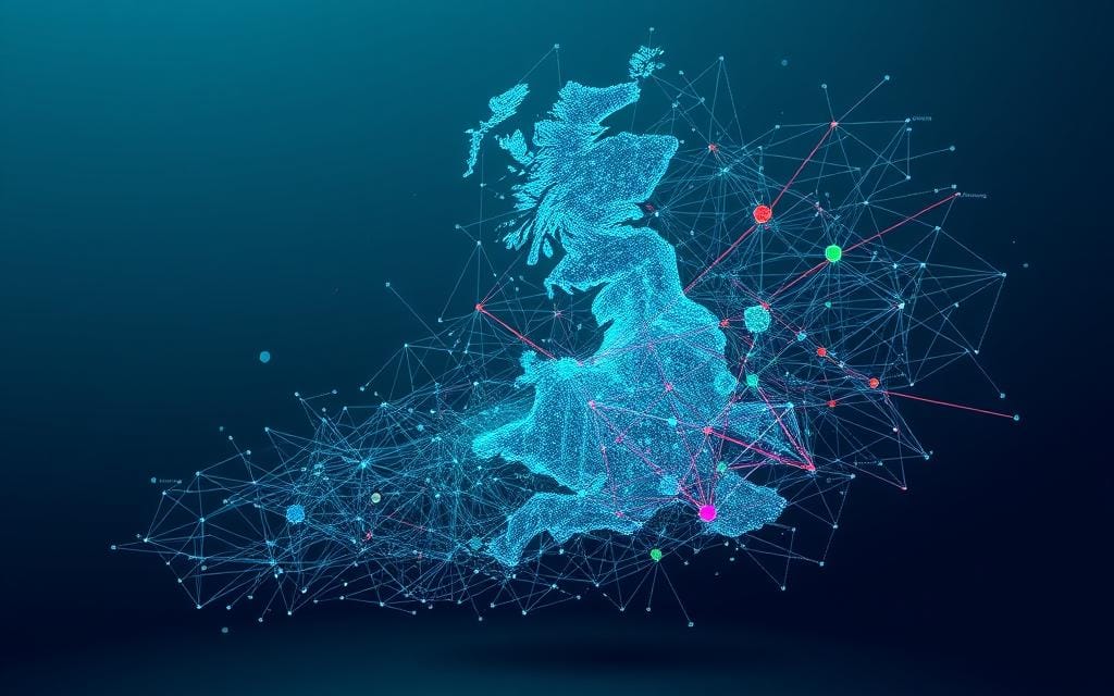 A sprawling, multicolored data visualization showcasing the impact of the Vodafone-Three merger on the UK telecommunications landscape. Intricate, abstract shapes and lines intertwine, representing market share, coverage, and industry dynamics. A sleek, futuristic color palette of blues, greens, and grays evokes the high-tech nature of the sector. Subtle lighting casts a sense of depth, as the visualization appears to float in a clean, minimalist environment. The overall impression is one of complexity, interconnectedness, and the reshaping of the competitive landscape following this major industry consolidation.