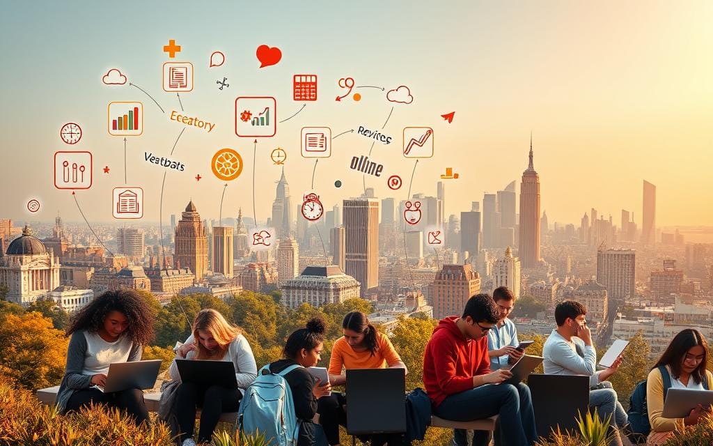A vibrant educational landscape depicting multiple pathways to data science expertise. In the foreground, a group of students engrossed in coursework, laptops and textbooks in hand, surrounded by floating icons representing skills like coding, statistics, and machine learning. In the middle ground, various educational institutions come into view - universities, online learning platforms, and professional training programs, each offering unique data science curricula. The background is a dynamic cityscape, symbolizing the high-demand job market for data science professionals. Warm lighting bathes the scene, conveying a sense of opportunity and possibilities. The overall composition invites the viewer to explore the diverse educational options for pursuing a rewarding career in the field of data science.