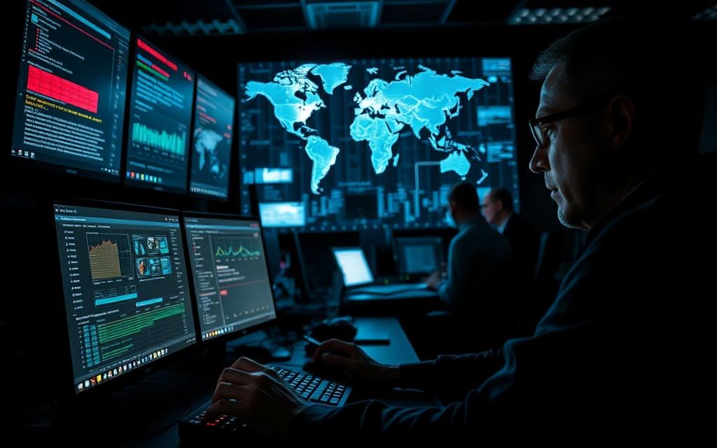 Prompt A dimly lit cybersecurity operations center, with multiple displays showcasing real-time threat data and security analytics. In the foreground, a security analyst intently studies the screens, fingers dancing across a high-tech keyboard as they implement advanced cyber defense techniques. The middle ground features a team of experts collaborating, discussing strategies to counter emerging threats. In the background, a large holographic map pulsates with encrypted data streams, visualizing the global cybersecurity landscape. Dramatic lighting casts shadows, creating an atmosphere of focus and intensity as the team works tirelessly to protect the digital world. Prompt Cybersecurity Courses A dimly lit cybersecurity operations center, with multiple displays showcasing real-time threat data and security analytics. In the foreground, a security analyst intently studies the screens, fingers dancing across a high-tech keyboard as they implement advanced cyber defense techniques. The middle ground features a team of experts collaborating, discussing strategies to counter emerging threats. In the background, a large holographic map pulsates with encrypted data streams, visualizing the global cybersecurity landscape. Dramatic lighting casts shadows, creating an atmosphere of focus and intensity as the team works tirelessly to protect the digital world.